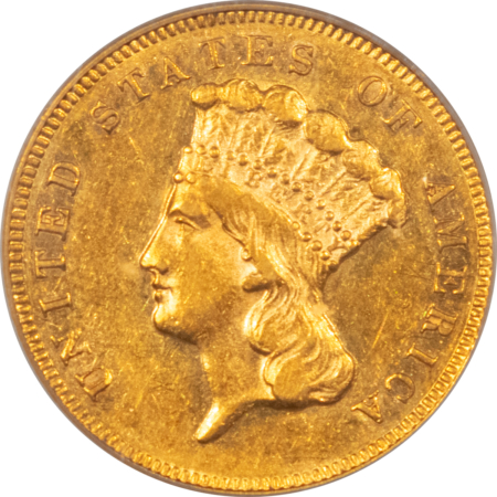 $3 RARE 1881 $3 GOLD, PCGS AU-50 CAC, OGH & VERY PQ-LOOKS AU-55; LOWEST MINTAGE $3!