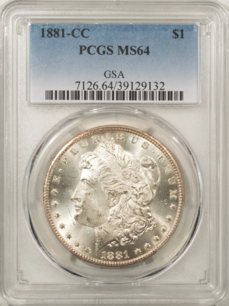 Morgan Dollars 1881-CC $1 MORGAN DOLLAR – PCGS MS-64, FROSTY WHITE! CARSON CITY!