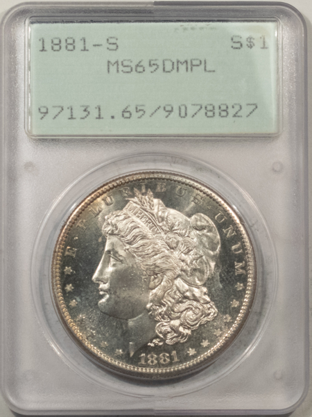 Morgan Dollars 1881-S $1 MORGAN DOLLAR – PCGS MS-65 DMPL, RATTLER HOLDER, PQ GEM, WOW!