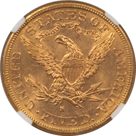 $5 1881-S $5 LIBERTY  GOLD, NGC MS-64+, FROSTY NEAR-GEM W/ PROOFLIKE OBVERSE!