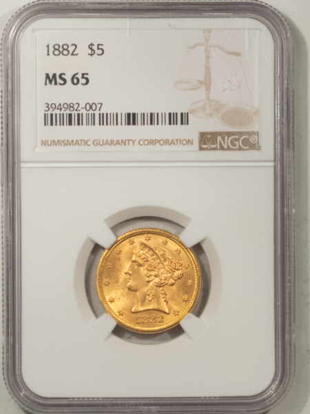 $5 1882 $5 LIBERTY GOLD, NGC MS-65, A SPARKLING GEM W/ A  CLEAN CHEEK-WOW!