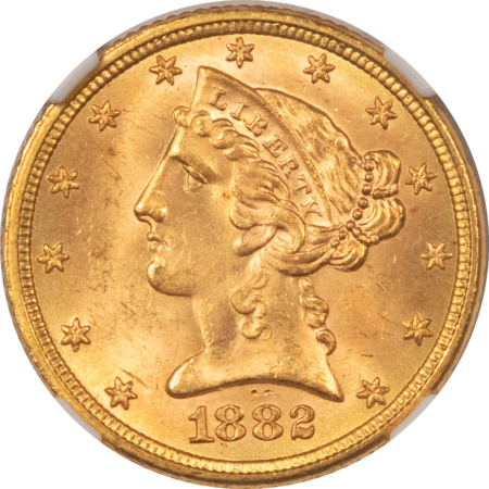 $5 1882 $5 LIBERTY GOLD, NGC MS-65, A SPARKLING GEM W/ A  CLEAN CHEEK-WOW!
