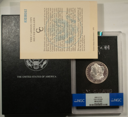 Dollars 1883-CC MORGAN $1, NGC MS-62 DPL, GSA HOLDER, BOX/CARD; BLACK & WHITE HEADLIGHT!