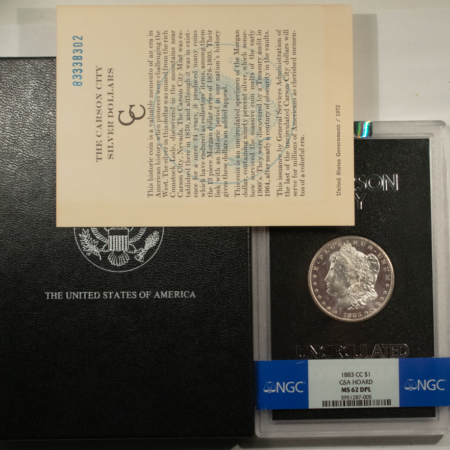 Dollars 1883-CC MORGAN $1, NGC MS-62 DPL, GSA HOLDER, BOX/CARD; BLACK & WHITE HEADLIGHT!