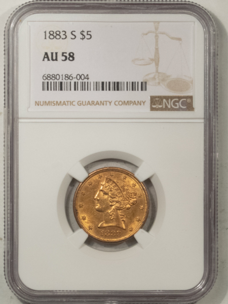 $5 1883-S $5 LIBERTY GOLD, NGC AU-58; FLASHY EXAMPLE OF THIS BETTER DATE!