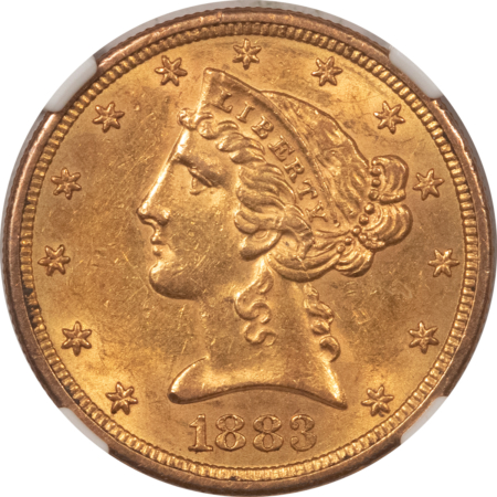 $5 1883-S $5 LIBERTY GOLD, NGC AU-58; FLASHY EXAMPLE OF THIS BETTER DATE!