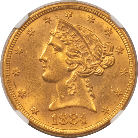 $5 1884 $5 LIBERTY GOLD, NGC MS-63, FLASHY & CHOICE, SCARCE IN MINT STATE!