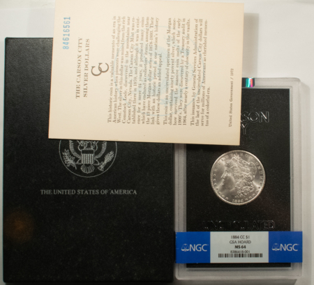 Morgan Dollars 1884-CC $1 MORGAN DOLLAR GSA – NGC MS-64, BOX/CARD, LOOKS GEM, PQ! CARSON CITY!