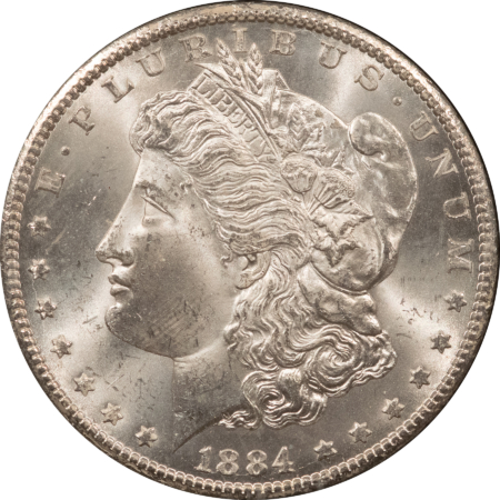 Morgan Dollars 1884-CC $1 MORGAN DOLLAR GSA – NGC MS-64, BOX/CARD, LOOKS GEM, PQ! CARSON CITY!