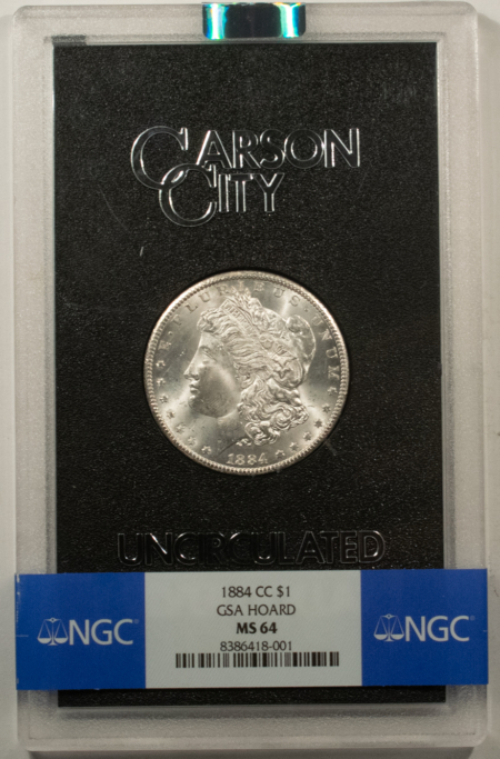 Morgan Dollars 1884-CC $1 MORGAN DOLLAR GSA – NGC MS-64, BOX/CARD, LOOKS GEM, PQ! CARSON CITY!