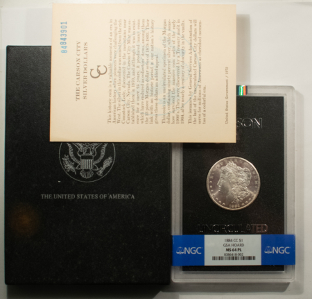 Morgan Dollars 1884-CC $1 MORGAN DOLLAR GSA – NGC MS-64 PL PROOFLIKE W/ BOX & CARD! CARSON CITY