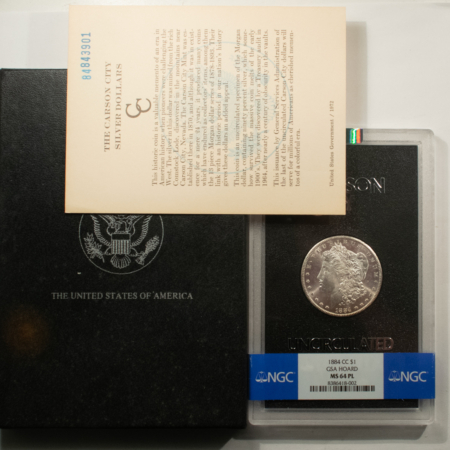 Morgan Dollars 1884-CC $1 MORGAN DOLLAR GSA – NGC MS-64 PL PROOFLIKE W/ BOX & CARD! CARSON CITY