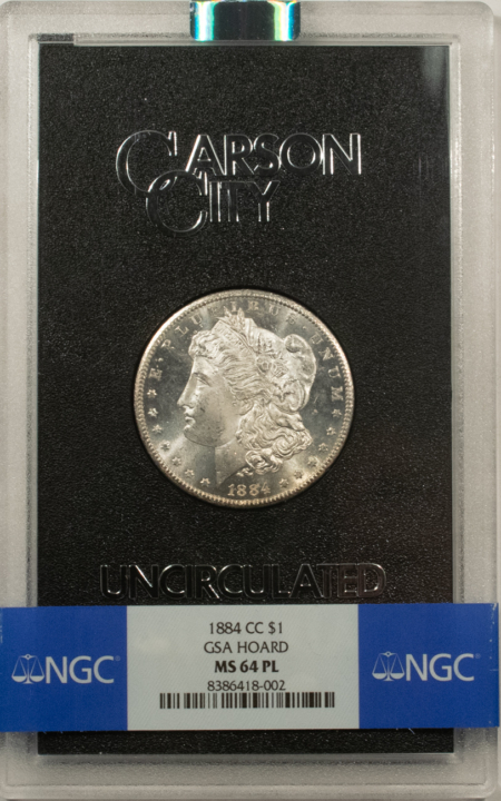 Morgan Dollars 1884-CC $1 MORGAN DOLLAR GSA – NGC MS-64 PL PROOFLIKE W/ BOX & CARD! CARSON CITY