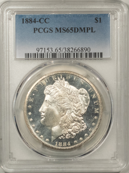 Dollars 1884-CC $1 MORGAN DOLLAR – PCGS MS-65 DMPL, DEEP MIRROR PROOFLIKE CARSON CITY!