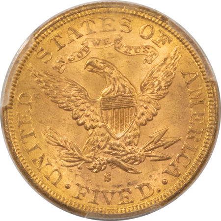 $5 1885-S $5 LIBERTY GOLD, PCGS MS-65, “FAIRMONT COLLECTION”- FRESH & GEM!