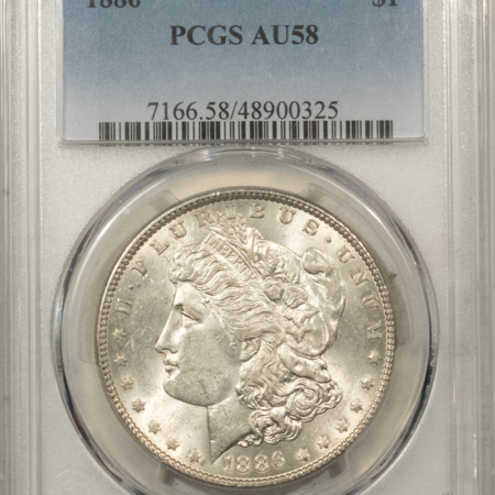 Morgan Dollars 1886 $1 MORGAN DOLLAR – PCGS AU-58, LOOKS UNCIRCULATED, WHITE!