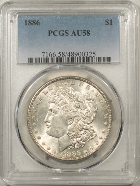 Morgan Dollars 1886 $1 MORGAN DOLLAR – PCGS AU-58, LOOKS UNCIRCULATED, WHITE!