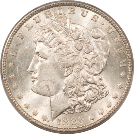 Morgan Dollars 1886 $1 MORGAN DOLLAR – PCGS AU-58, LOOKS UNCIRCULATED, WHITE!