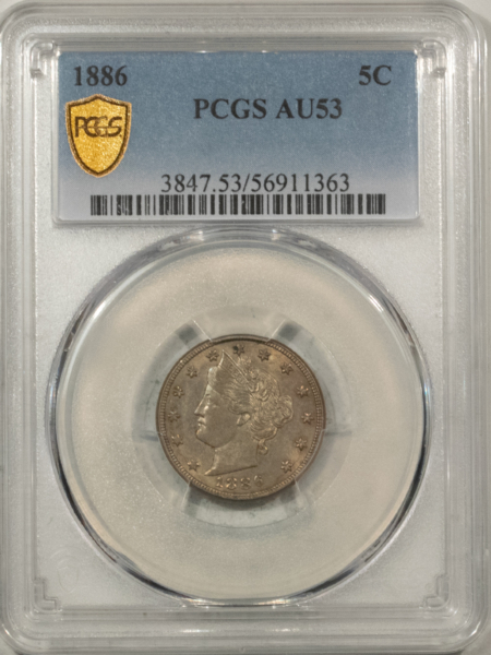 Liberty Nickels 1886 LIBERTY V NICKEL – PCGS AU-53, KEY-DATE, TOUGH IN THIS GRADE!