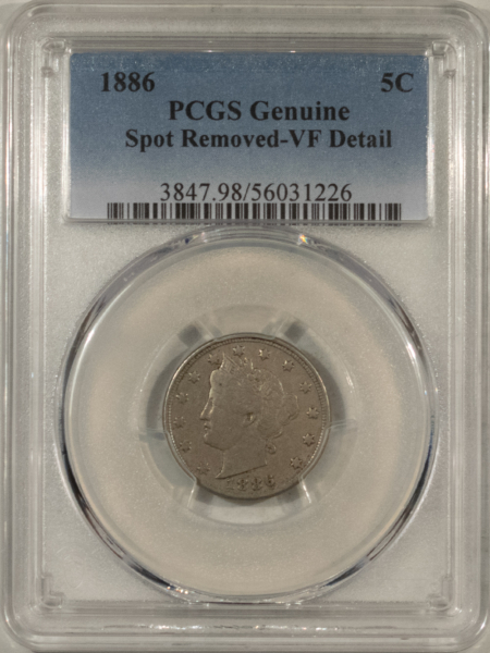 Liberty Nickels 1886 LIBERTY NICKEL – PCGS GENUINE, SPOT REMOVED-VF DETAIL, NICE LOOK, KEY-DATE!
