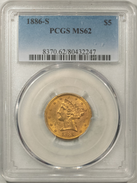 $5 1886-S $5 LIBERTY GOLD, PCGS MS-62; FRESH & ORIGINAL!