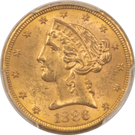 $5 1886-S $5 LIBERTY GOLD, PCGS MS-62; FRESH & ORIGINAL!