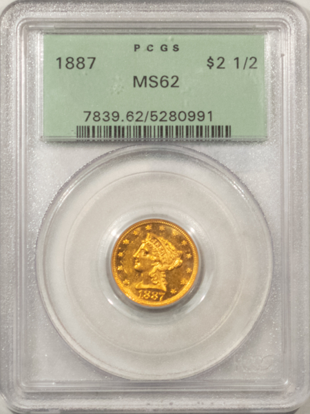 $2.50 1887 $2.50 LIBERTY GOLD QUARTER EAGLE – PCGS MS-62 OGH, MINTAGE 6160! TOUGH DATE