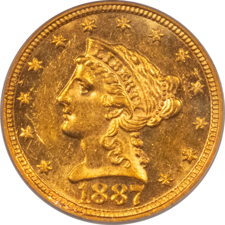$2.50 1887 $2.50 LIBERTY GOLD QUARTER EAGLE – PCGS MS-62 OGH, MINTAGE 6160! TOUGH DATE