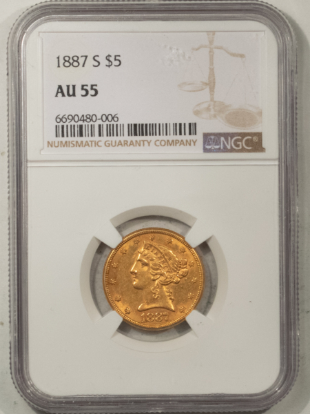 $5 1887-S $5 LIBERTY GOLD, NGC AU-55, MARK FREE W/ A CLEAN OVERALL APPEARANCE!