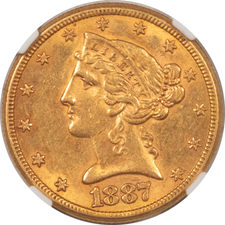 $5 1887-S $5 LIBERTY GOLD, NGC AU-55, MARK FREE W/ A CLEAN OVERALL APPEARANCE!