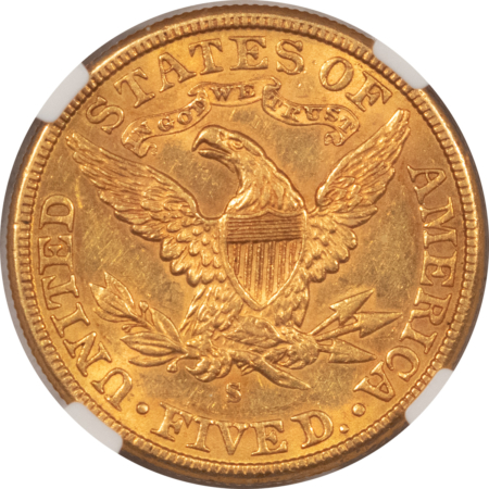 $5 1887-S $5 LIBERTY GOLD, NGC AU-55, MARK FREE W/ A CLEAN OVERALL APPEARANCE!