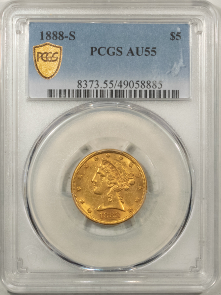 $5 1888-S $5 LIBERTY GOLD, PCGS AU-55, FRESH W/ GOOD LUSTER & LOOKS 58!