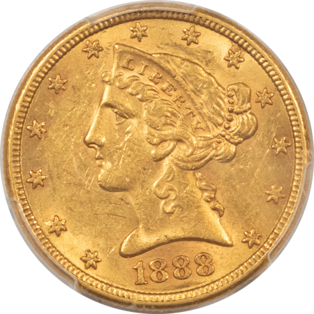 $5 1888-S $5 LIBERTY GOLD, PCGS AU-55, FRESH W/ GOOD LUSTER & LOOKS 58!