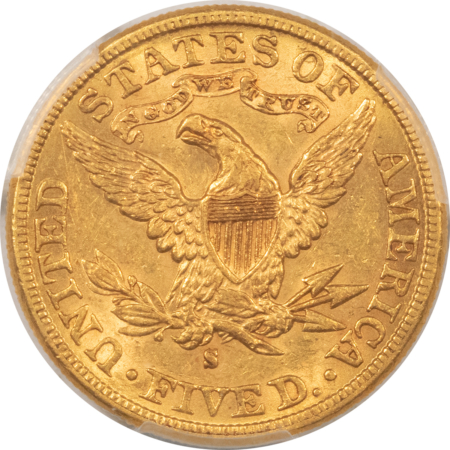 $5 1888-S $5 LIBERTY GOLD, PCGS AU-55, FRESH W/ GOOD LUSTER & LOOKS 58!