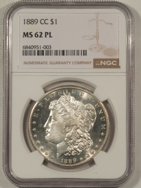 Dollars 1889-CC MORGAN DOLLAR $1, NGC MS-62 PL, FROSTY WHITE PROOFLIKE, CLEAN CHEEK PQ++