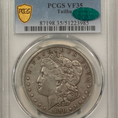 CAC Approved Coins 1890-CC $1 MORGAN DOLLAR, TAILBAR – PCGS VF-35 CAC, ORIGINAL, PQ, CARSON CITY!