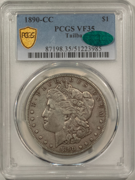 CAC Approved Coins 1890-CC $1 MORGAN DOLLAR, TAILBAR – PCGS VF-35 CAC, ORIGINAL, PQ, CARSON CITY!