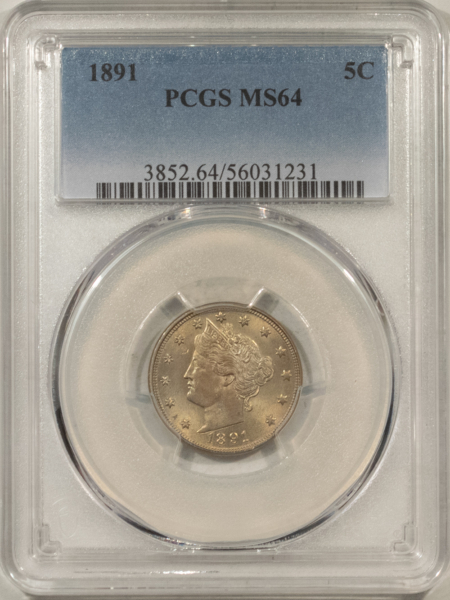 Liberty Nickels 1891 LIBERTY NICKEL – PCGS MS-64, ATTRACTIVE!