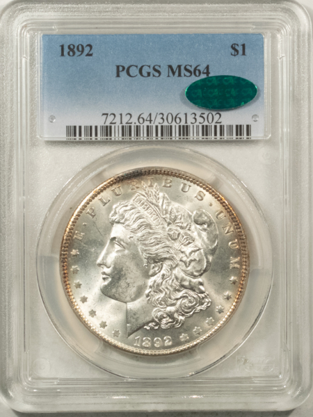 CAC Approved Coins 1892 $1 MORGAN DOLLAR – PCGS MS-64, WHITE & NEAR GEM! CAC APPROVED!