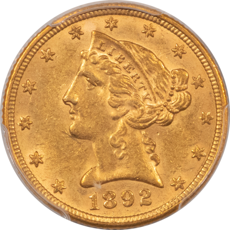$5 1892 $5 LIBERTY GOLD, PCGS MS-62, “RIVE d’Or COLLECTION” CLEAN SURFACES!