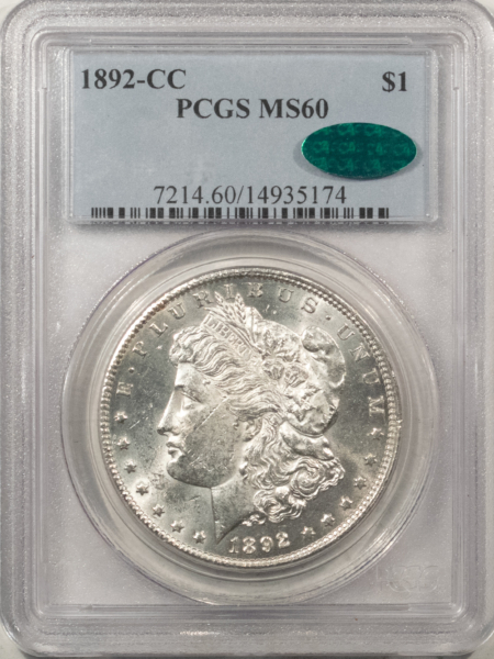 CAC Approved Coins 1892-CC $1 MORGAN DOLLAR – PCGS MS-60 CAC, BLAST WHITE & PQ, POP 3 AT CAC!