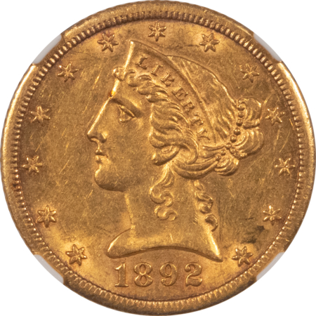 $5 1892-CC $5 LIBERTY GOLD HALF EAGLE – NGC AU-58, CARSON CITY!