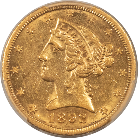 $5 1892-CC $5 LIBERTY GOLD HALF EAGLE – PCGS AU-53, CARSON CITY!