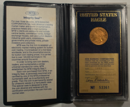 $10 1903 $10 GOLD EAGLE, OLD MTB BANKING CORP SLAB/PORTFOLIO; FRESH CHOICE UNC!