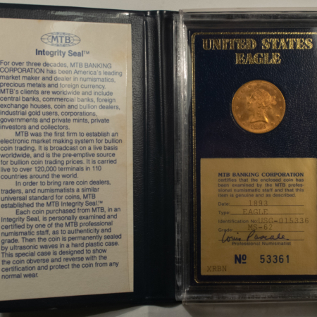 $10 1903 $10 GOLD EAGLE, OLD MTB BANKING CORP SLAB/PORTFOLIO; FRESH CHOICE UNC!