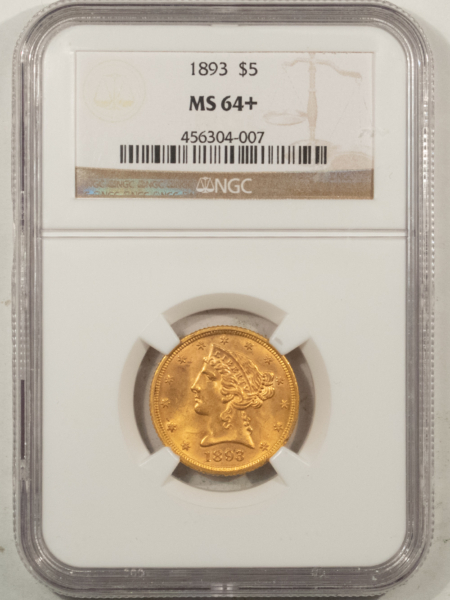 $5 1893 $5 LIBERTY GOLD HALF EAGLE – NGC MS-64+