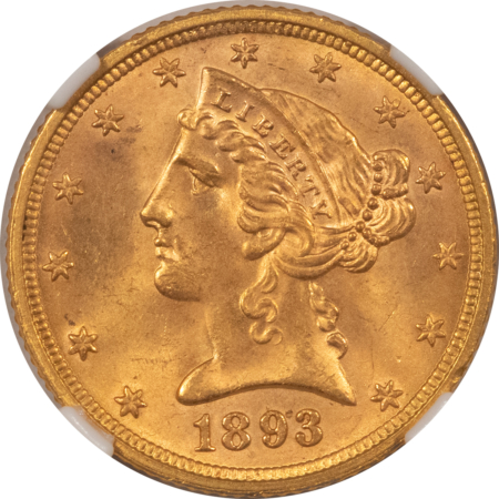 $5 1893 $5 LIBERTY GOLD HALF EAGLE – NGC MS-64+