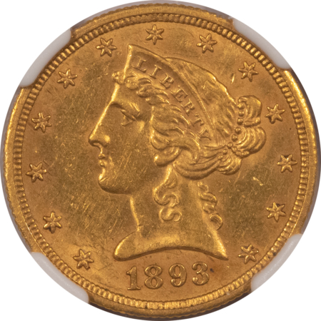 $5 1893-O $5 LIBERTY GOLD, NGC MS-61, BETTER DATE & POPULAR NEW ORLEANS MINT GOLD!