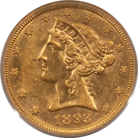 $5 1893-O $5 LIBERTY GOLD, PCGS MS-61, FROSTY AND VERY NICE FOR THE ASSIGNED GRADE!