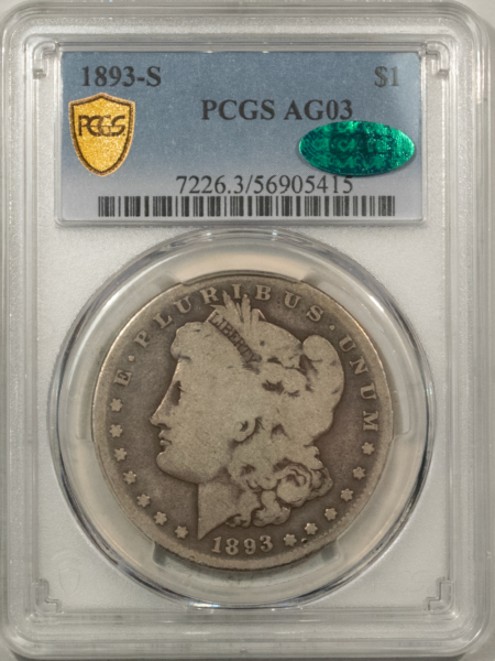 CAC Approved Coins 1893-S $1 MORGAN DOLLAR – PCGS AG-3, KEY-DATE, SUPER ORIGINAL! CAC APPROVED!